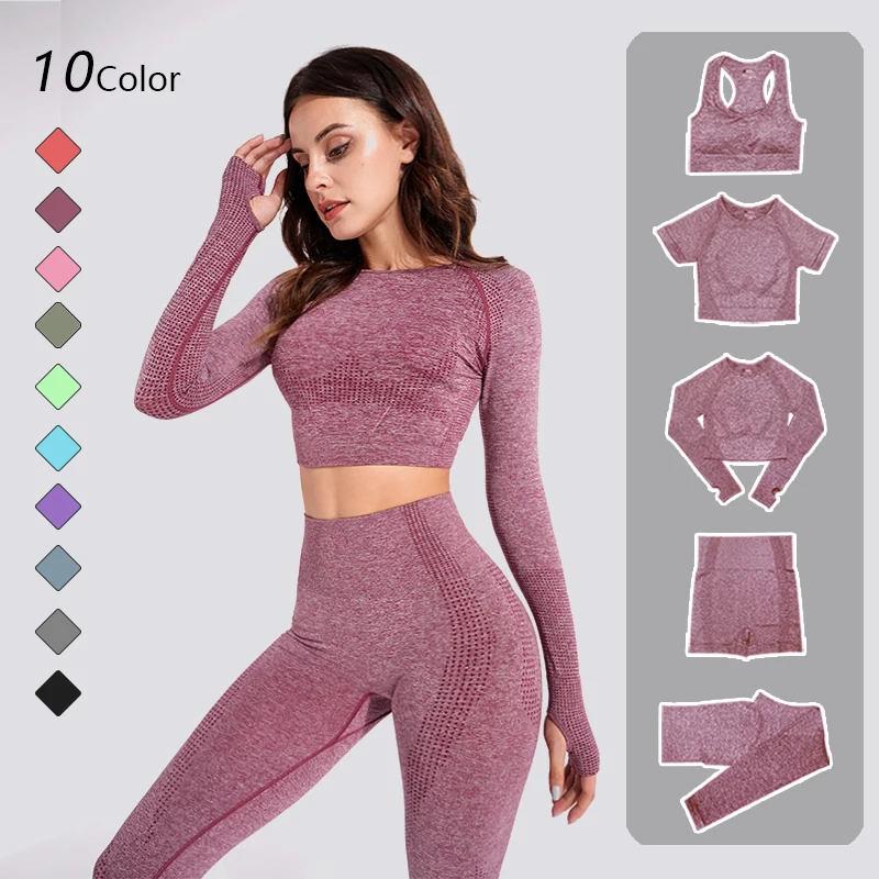 

Женский бесшовный комплект для йоги, спортивная одежда для тренировок, одежда для спортзала, укороченный топ с длинным рукавом, леггинсы с в...