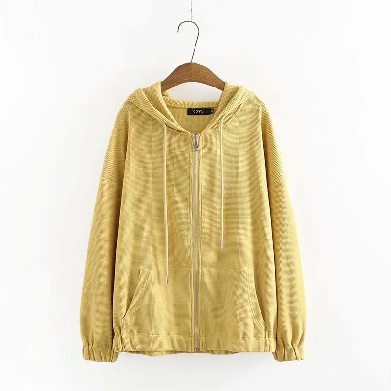 

Plus Size Women's Full Cotton Long Sleeved Hoodie Hooded Zip Up Solid Thick Autumn Outerwear Large Size Hoodies