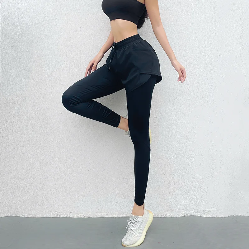 Sport Leggings Women Fake Two-Piece Yoga Pant With Pocket High Waist Gym Fitness Workout Tights Drawstring Running Trouser Femme