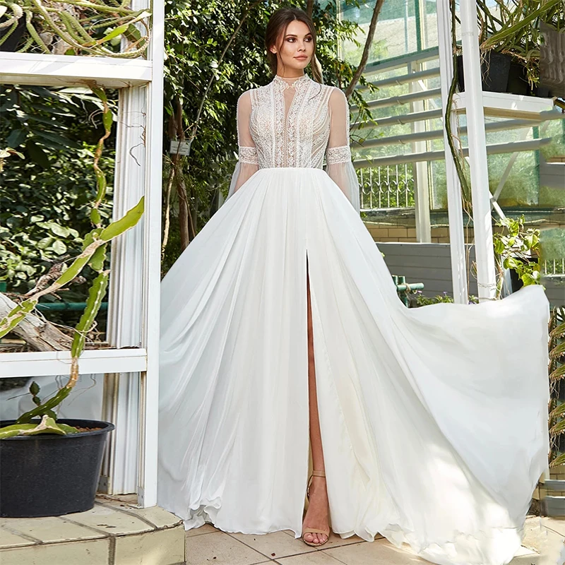 MoonlightShadow Bohemian Wedding Dresses A-Line High Neck Lantern Sleeves Chiffon Furcal Floor-length Bridal Gown Robe De Mariée