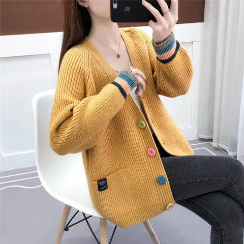 2021 Women New Jacket All-match Striped Knitted Cardigan Female V Neck Single Breasted Coats Ladies Casual Sweater Cardigan H290