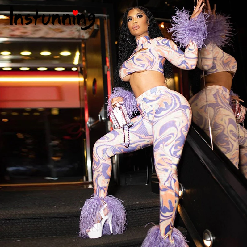 

Женский спортивный костюм Instunning, комплект из двух предметов, футболка и леггинсы с принтом и длинным рукавом