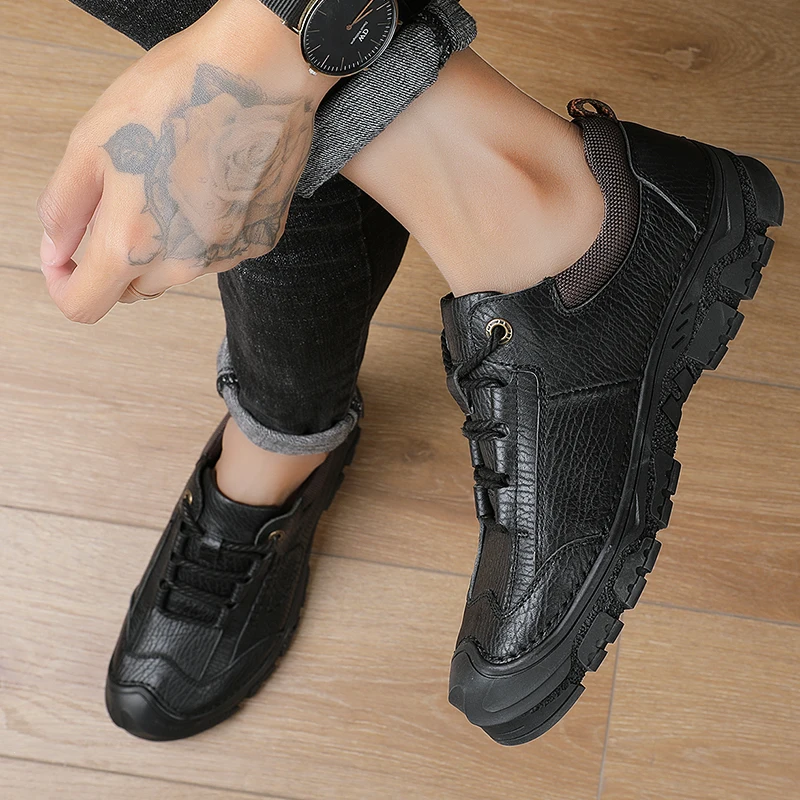 

genuine Leather Men's Shoes Men Casual Shoes fashion Soft Driving Shoes Men outdoor Flats Lace-Up Walking Man Footwear