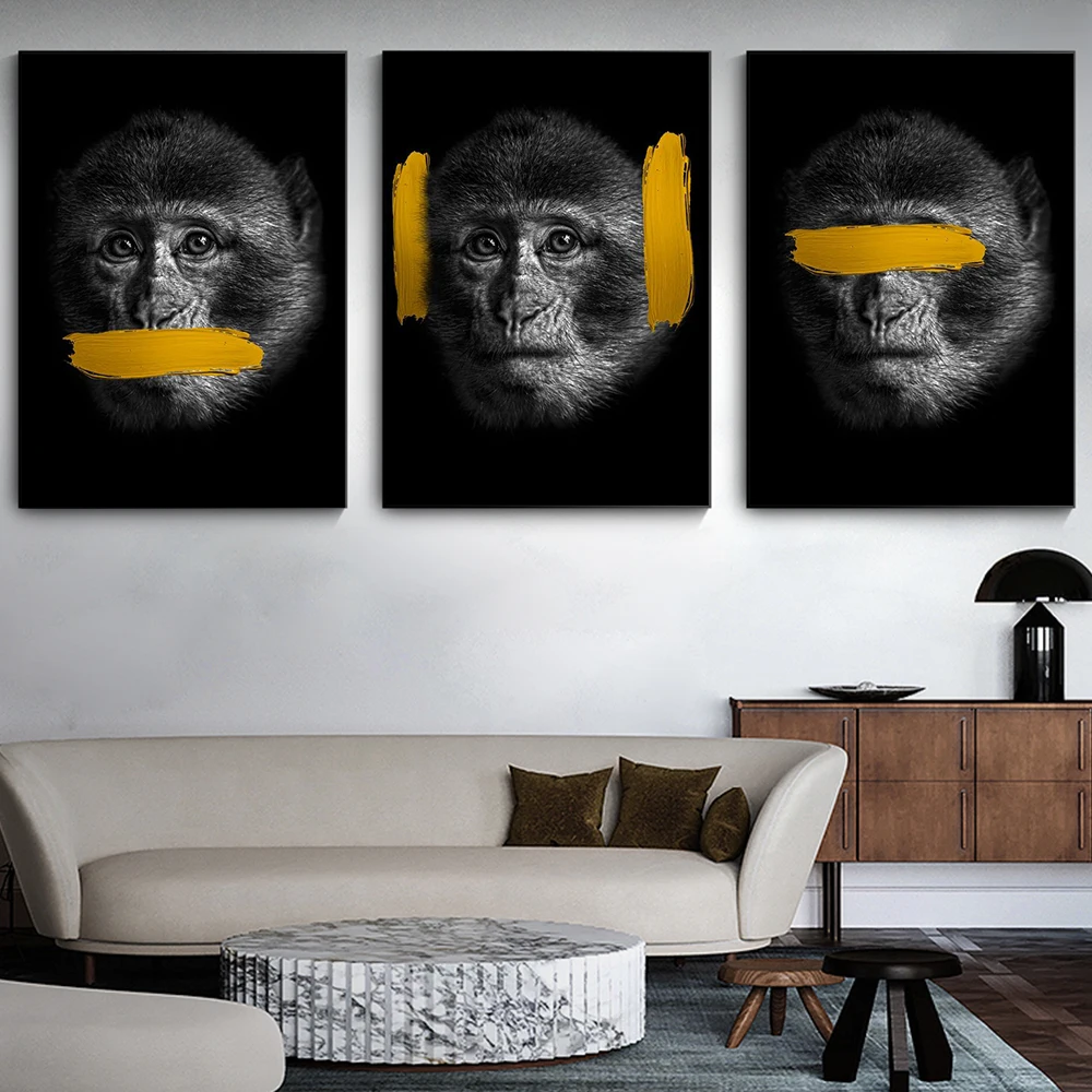 

Canvas Posters and Prints Funny Monkeys Yellow Paint Cover Eyes Graffiti Street Art Wall Pictures Modern Home Room Decoration
