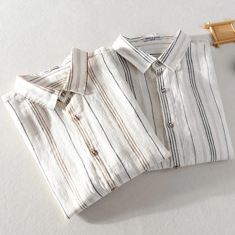 

2021 Spring Summer New 100% Linen Yarn-Dyed Striped Shirt Style Fit Men's Casual Long Sleeve Shirt 1007