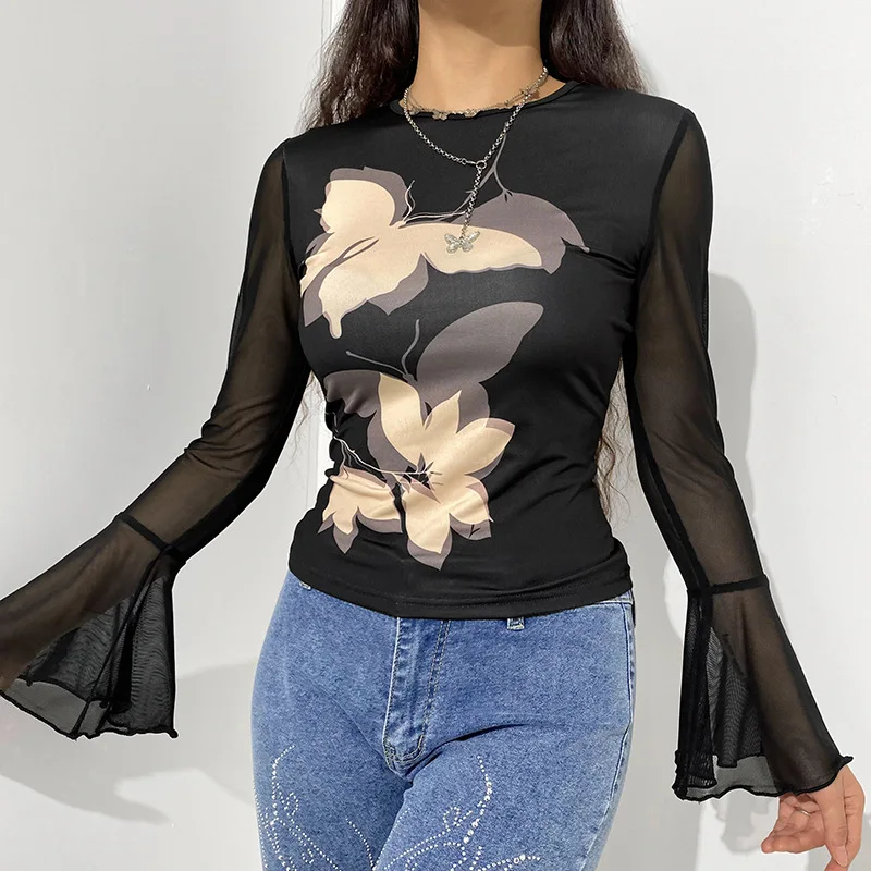 

2021 Autumn New Mesh Stitching Gothic Trumpet Sleeve Sexy T-shirt Slim Bottoming Butterfly Print Round Neck Casual Top T-shirt