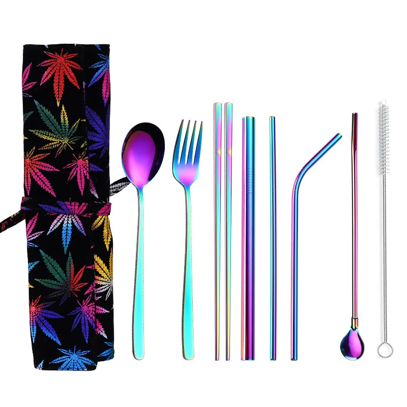 fy 9cutlery set Новинка 2019New портативные столовые приборы из нержавеющей стали набор столовых приборов корейские палочки вилка ложка металлическая соломинка Портативная сумка для путешествий столовые приборы - Цвет: fy 9cutlery set