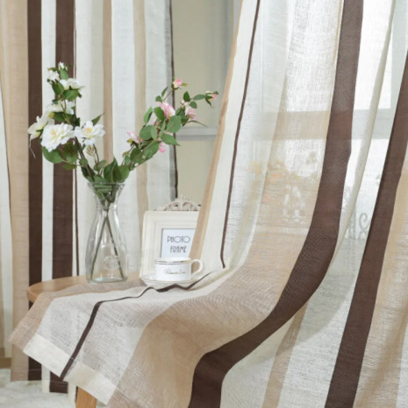 Кофейные полосатые занавески с бахромой из пряжи льняные коричневые ткань для