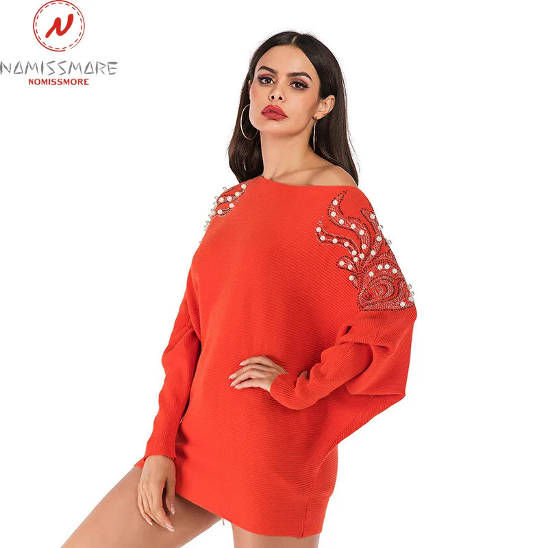 

Fashion Women Solid Color Sweaters Patchwork Design Bead Decor O-Neck Long Sleeve Spring Autumn Casual Loose Knitted Top