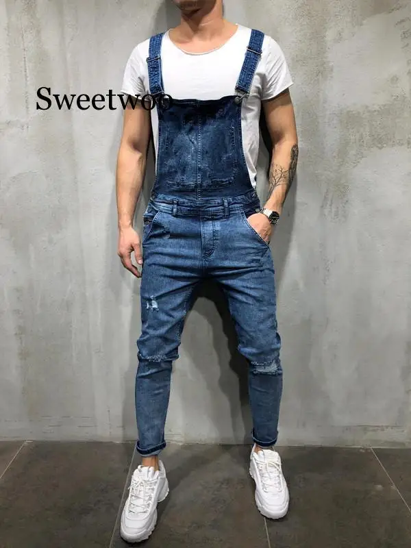 Fashion Men's Ripped Jeans Jumpsuits Hi Street Distressed Denim Bib Overalls For Man Suspender Pants Size S-XXXL