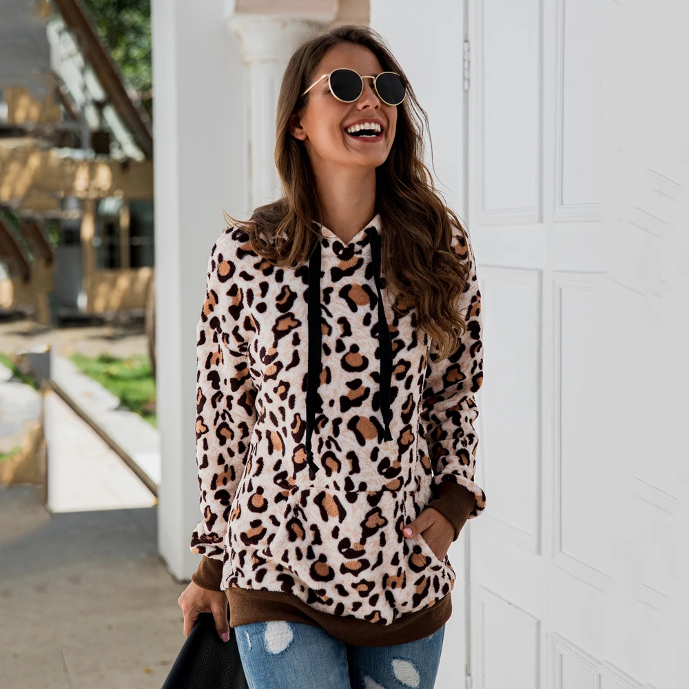 Осенне-зимняя толстовка с капюшоном из искусственного меха леопардовым принтом
