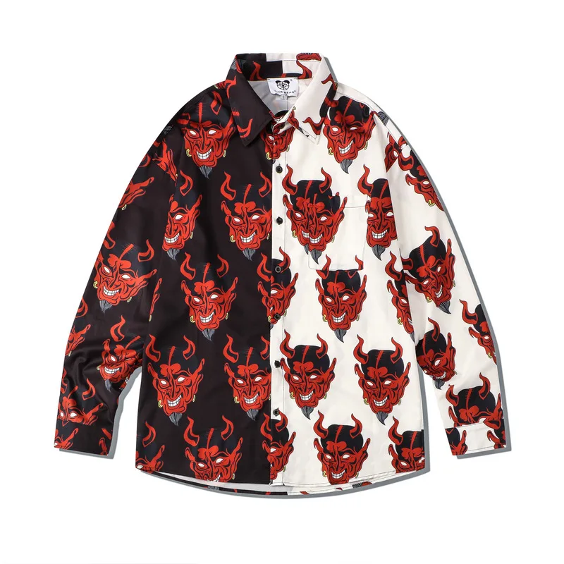 

Devil Full Printed Patchwork Floral Shirts 2021 Autumn New Hawaiian Shirts Mens Long Sleeve Streetwear Hip Hop Harajuku Chemise