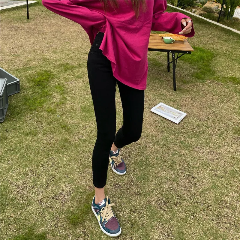 

Korean Style Women's Slim-Fit Waist Figure Flattering Tight Cropped Jeans Stretch High Tappered Pencil Pants Trendy