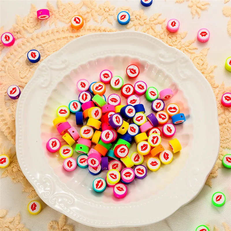 50 шт./лот разноцветные Круглые плоские бусины из полимерной глины с узором губ