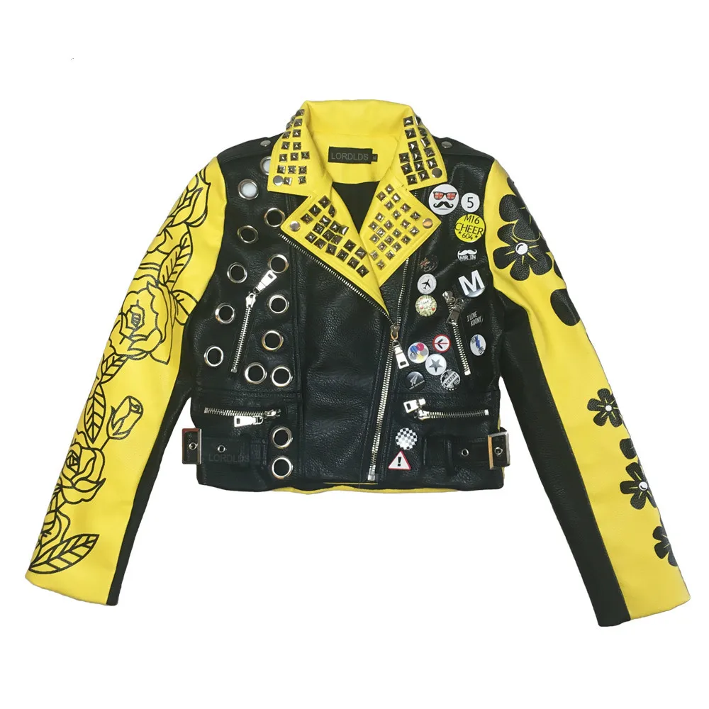 Куртка женская короткая из ПУ кожи с заклепками на молнии|Кожаные куртки| |