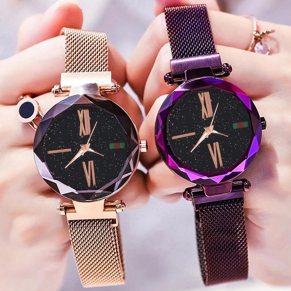 

Fashion Starry Sky Magnet Wrist Watch Women Rose Gold Milan Mesh Belt Roman Scale Quartz Watch Ladies Elegant Dress Watch Clocks