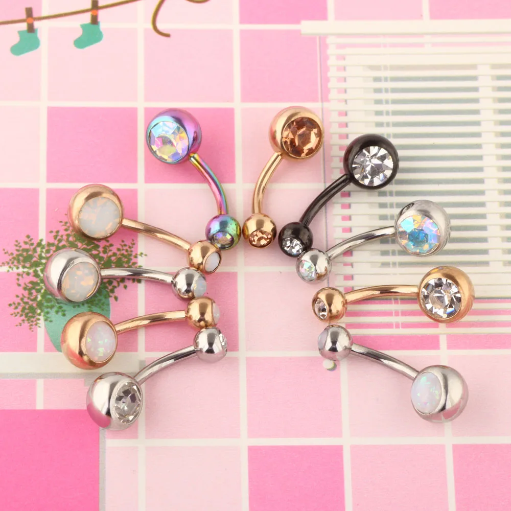 Кольцо для пирсинга пупка из хирургической стали с одним кристаллом и стразами