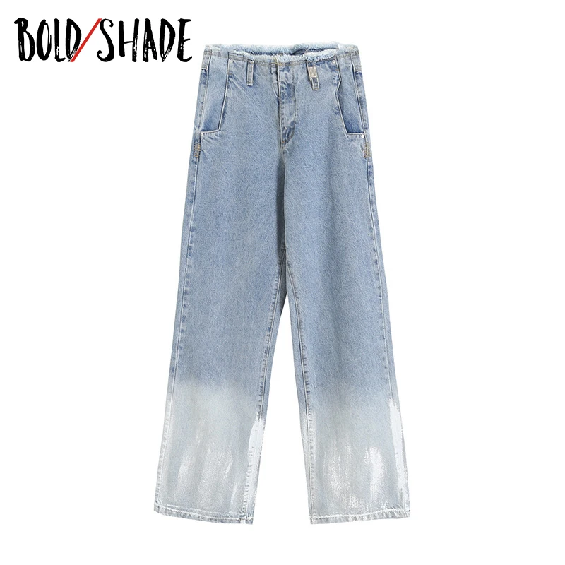 

Bold Shade Gradient Denim Fashion Trousers Grunge 90s Blue High Waist Straight Jeans for Women Teen Style Y2K Baggy Pants 2021