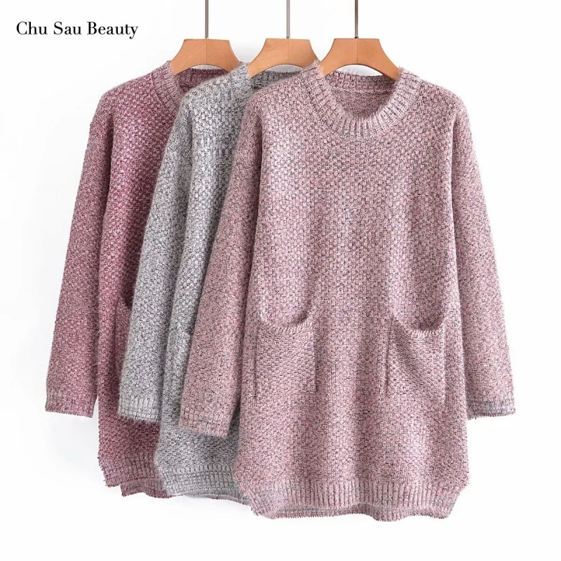 

Chu Sau Beauty 2021New Women's Round Neck Pullover Knitting Loose Casual Mid-Length Sweater With Chic Pocket Decoration 3 Colors