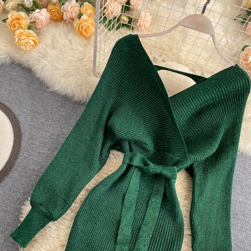 

2021 new fashion women dress Shiny Knitted Sexy V Neck Puff Sleeve Elastic Sheath Knitting Dress Solid Bow Sashes Pencil Dress