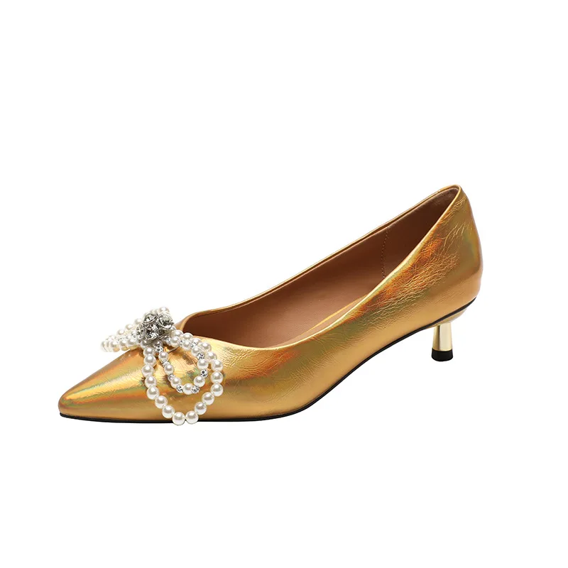 

Minority design pearl bow pointed thin heel French single shoes medium heel gentle fairy lady shoes