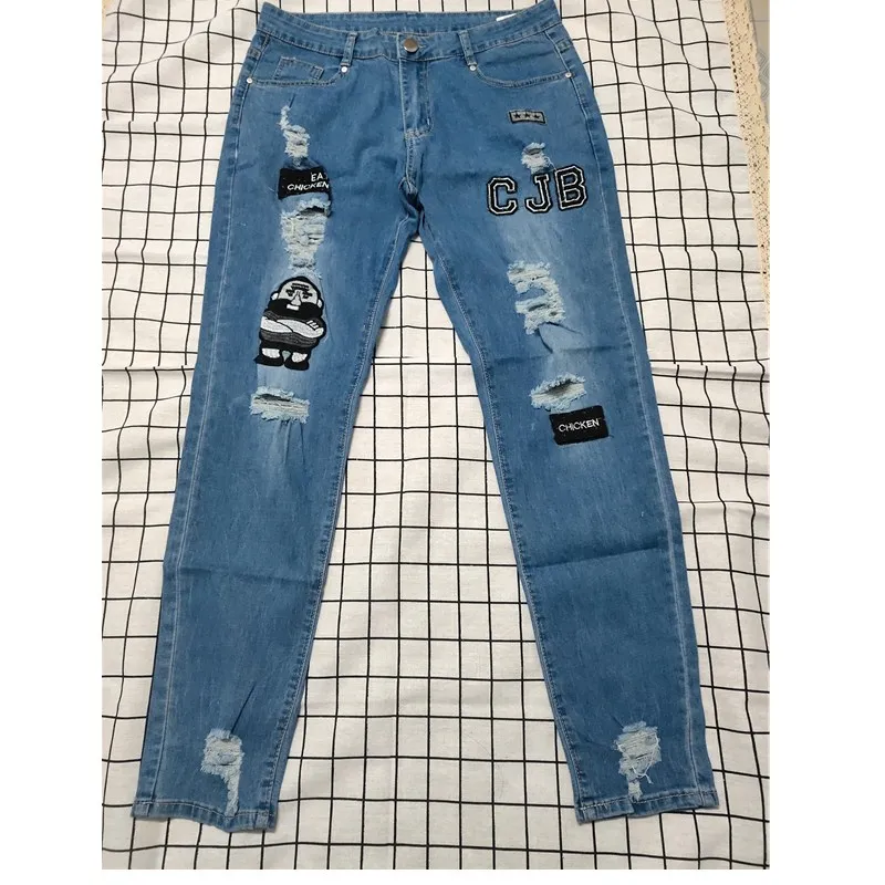 New  Embroidery Men Ripped Skinny Jeans Biker Appliques Jeans Destroyed Hole Taped Slim Fit Denim Scratched High Quality Stretch