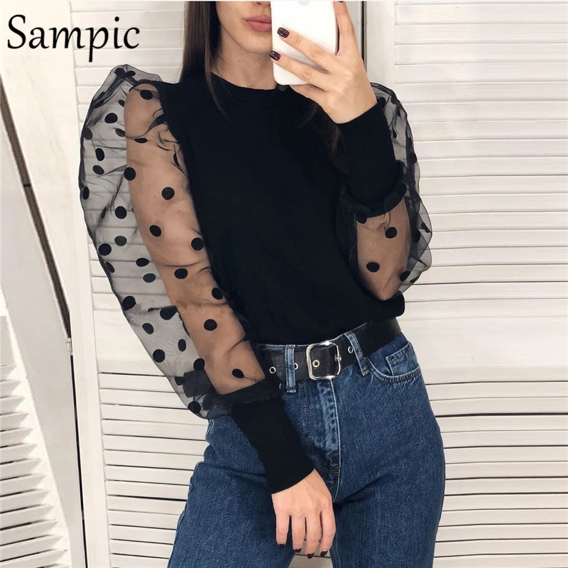 Женская водолазка в горошек с длинным рукавом|Рубашки| |