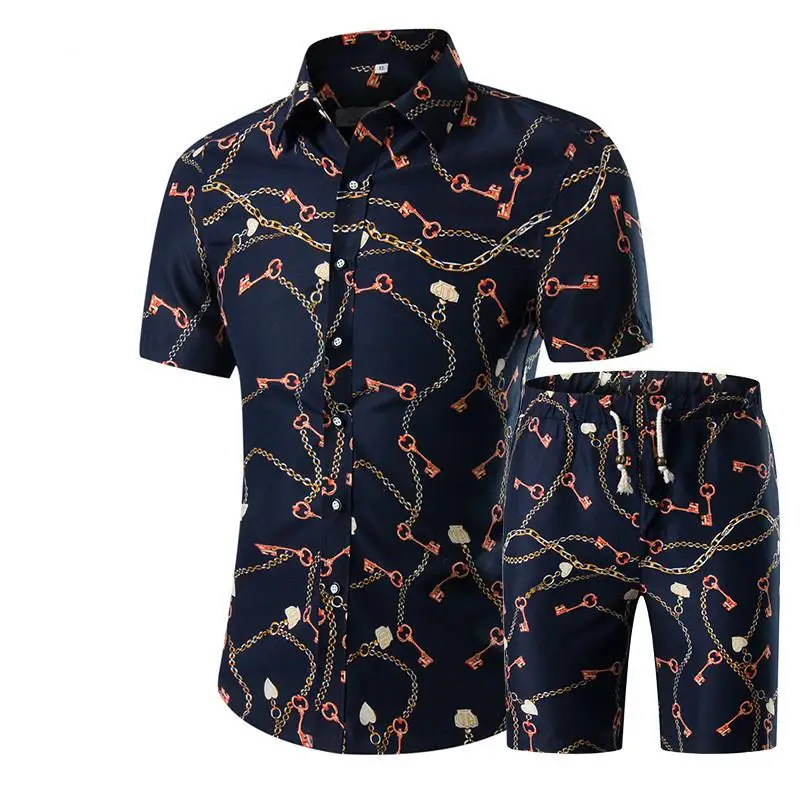 

Summer Men Sets 2018 New Print Floral Short Sleeve Shirts Sets Fashion Casual Fit Slim Turn-down Collar Men Suits