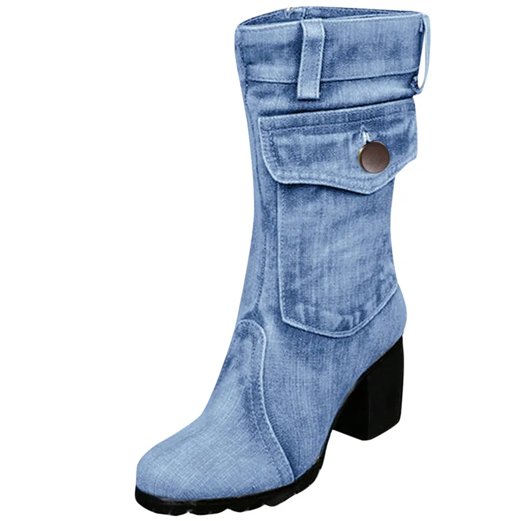 Light blue Женские ботинки из джинсовой ткани до середины икры в римском стиле, однотонные, Большие размеры женские ботинки до середины икры без шнуровки на среднем массивном каблуке chaussures femme - Цвет: Light blue