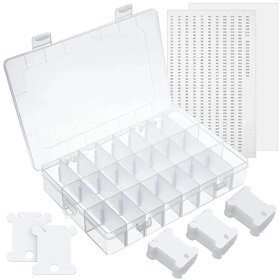 

150Pcs Plastic Embroidery Floss Bobbins with 24 Grids Adjustable Organizer Box Number Stickers for Cross Stitch Weaving Sewing