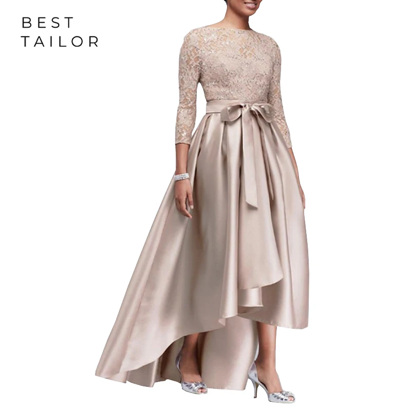 Высокая Низкая платья для матери невесты бисером кружевное асимметричное пояса