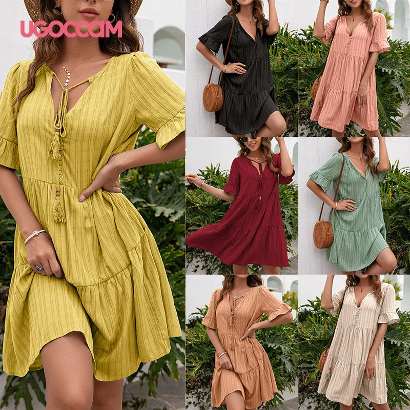 

UGOCCAM Women Dress Elegant Deep V Half Sleeve Patchwork Ruffle Mini Dress For Summer 2021 Lose Casual Femme Vestido Playa Mujer