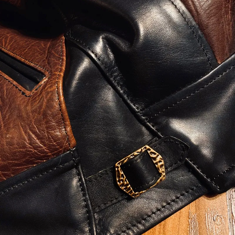 

High Quality Mens Genuine Leather Jacket Vintage Cowboy Cowhide Coat Long Sleeve Splicing Mixed Colors Motorcycle Bikers Jackets