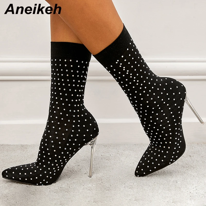 

Aneikeh Sexy High Heel Chelsea Boots Women Fashion Black Flock Dot Crystal Decoration Pointed Toe Ankle Pumps 2022 Spring Autumn
