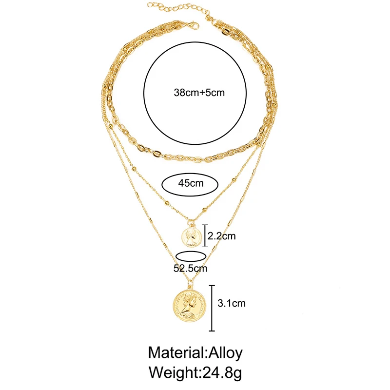 

Bohemian Multi Layered Carved Coin Choker Necklace Statement Portrait Square Pendant Necklace for Women Jewelry Accessories