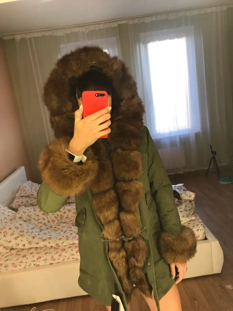 Maomaokong серый натуральный Лисий мех пальто Женская мода натуральный мех пальто длинные парки Зимняя черная парка