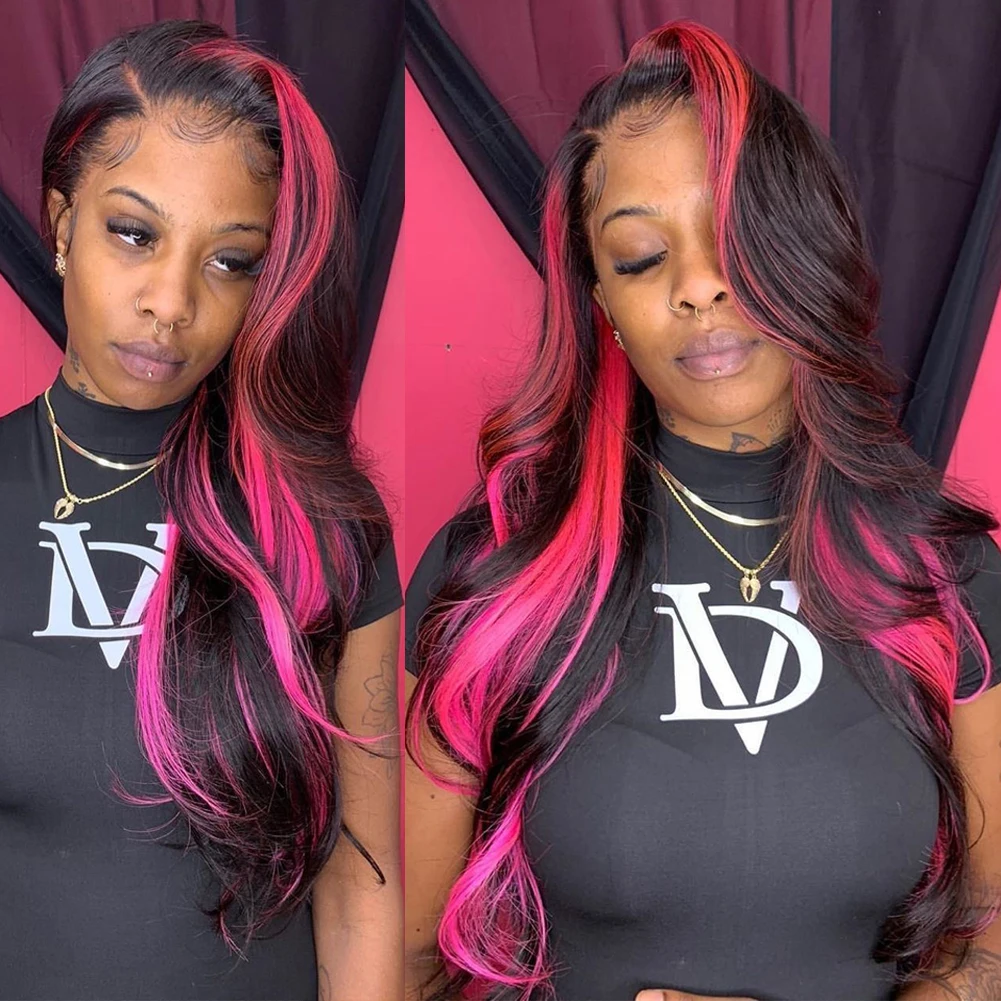 

Hot Pink Black Highlight Human Hair Wigs Remy Brazilian Pink Highlight Wig Lace Front Human Hair Wigs Pre plucked Lace Front Wig