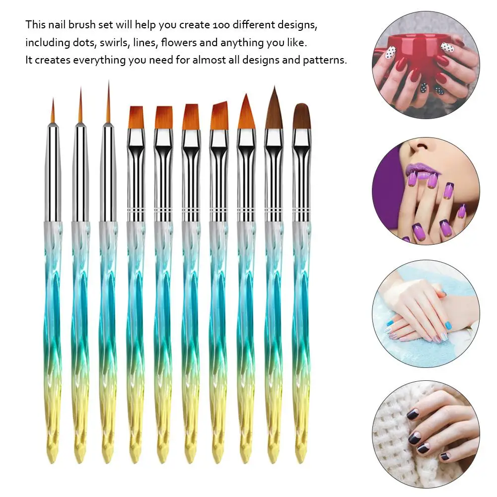 

10Pcs/Set Nail Painting Brushes For Manicure Gel Brush Nail Light Therapy Pen Carved Crystal Pen Nail Art Supplies Nail Art Tool