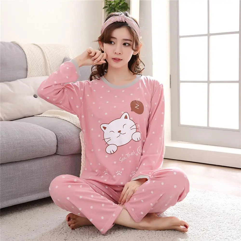 Womens Autumn Winter Cartoon Print Long Sleeves Pajama Sets Sweet And Lovely Loose Sleepwear