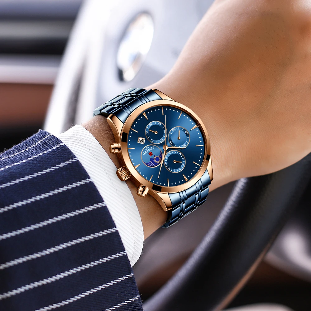 Награда мужские часы модные синие кварцевые хронограф полная сталь Бизнес