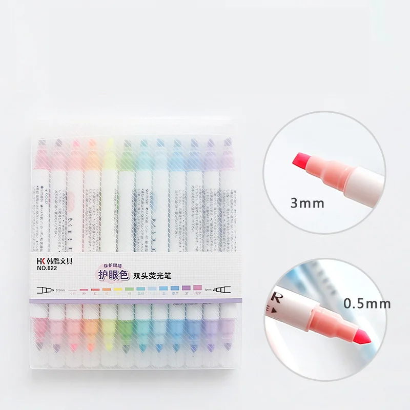 

12pcs/box Eyecare Double Head Highlighters Art Marker Highlighter Pens Pastel Markers Watercolor Fluorescent Pen Drawing