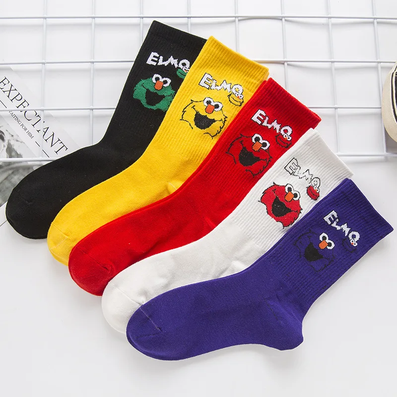 Women Socks Sesame Street Cartoon Cosplay Elmo Cookie Monster Funny Cute Kawaii Cotton Sock Long Sox Streetwear Woman Soks | Женская