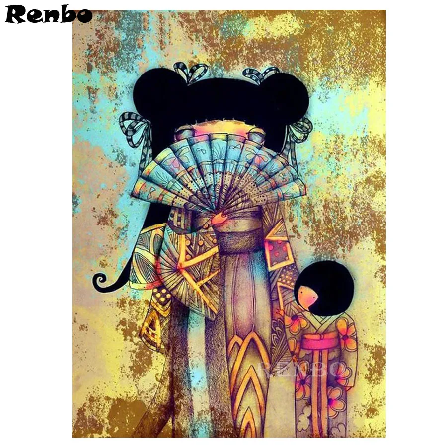 Полноразмерная круглая алмазная живопись японское кимоно кукла 5d сделай сам