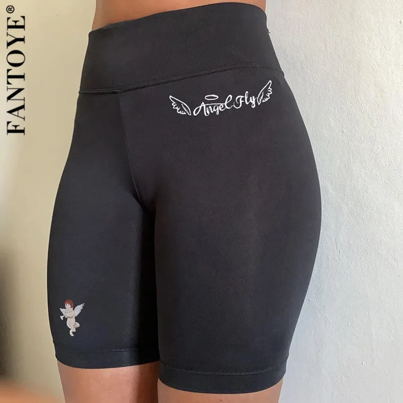 Женские шорты с вышивкой Ангельского крыла Fantoye черные обтягивающие высокой