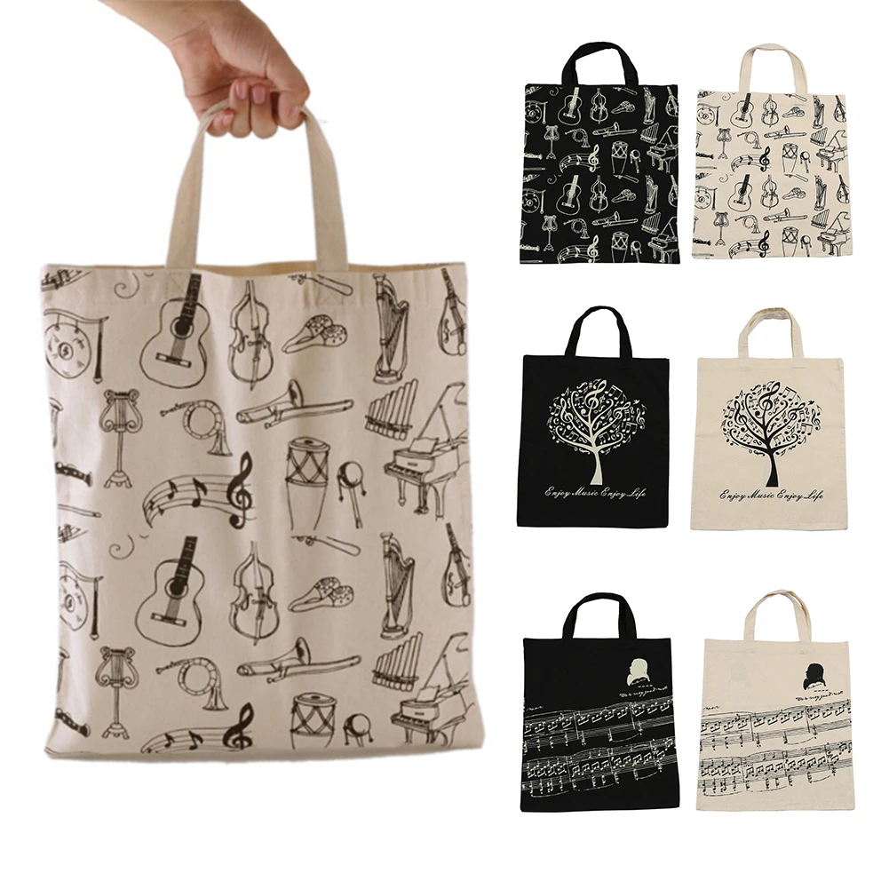 

Portable Cotton And Linen Music Score Handbag Musical Elements Tote Shopping Bag Keyboard Pattern Musical Instruments Music Bag