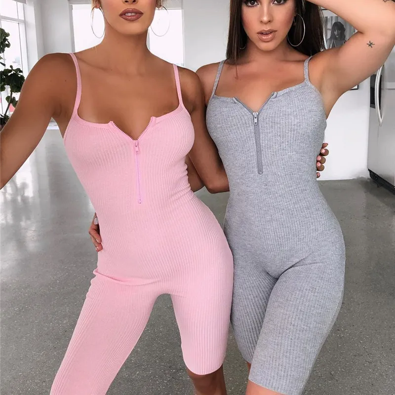 

2020 сексуальный женский комбинезон на молнии спереди с глубоким V-образным вырезом комбинезоны без рукавов на бретелях облегающий однотонны...