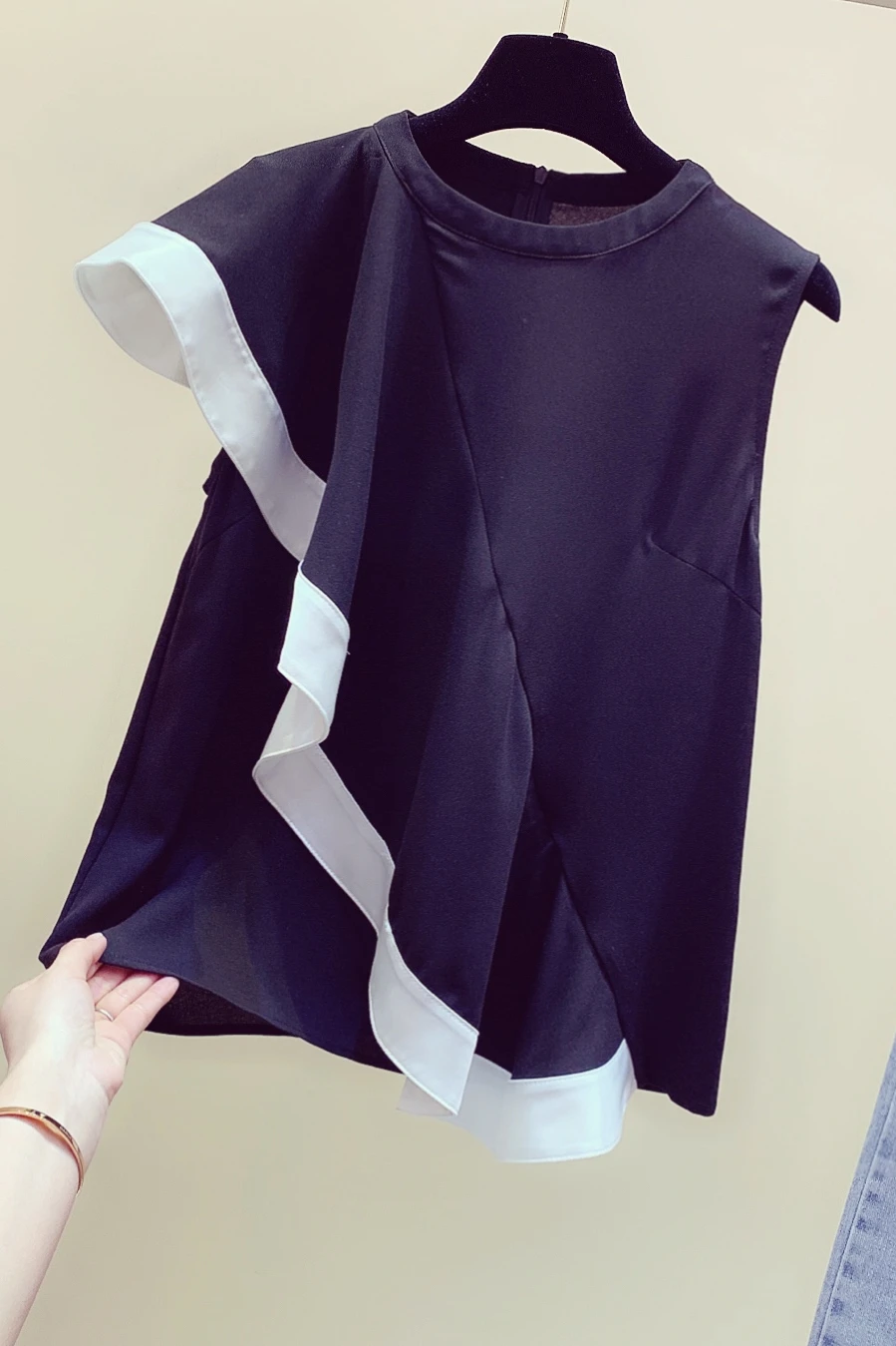 

Sleeveless Ruffle Trim Color Block Chiffon Shirt Blouses 2020 Spring Summer New Girl Shirt Kong-Style Women's Blouses and Tops