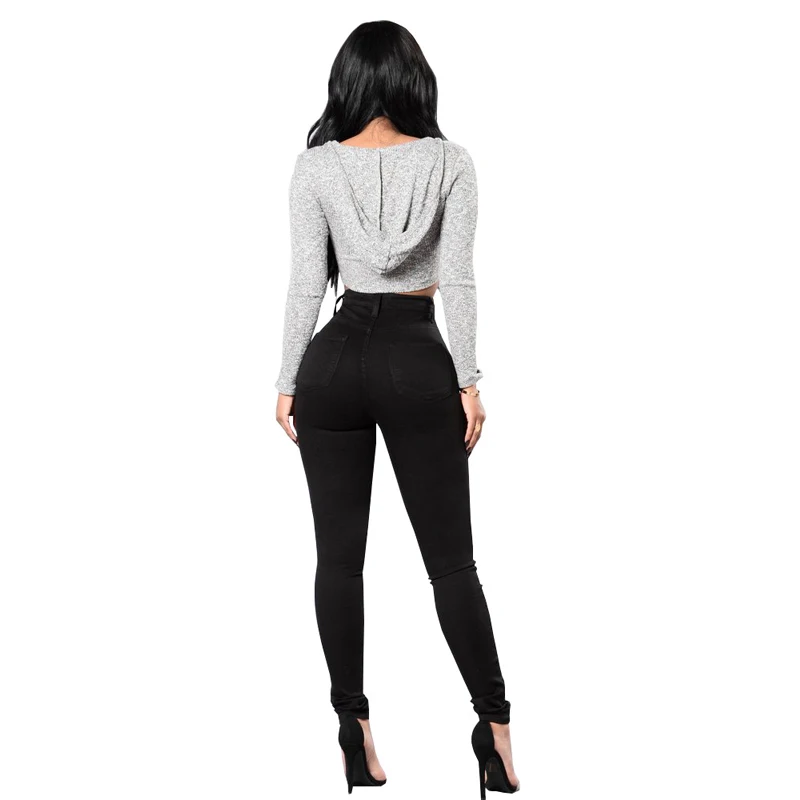 Женские узкие джинсы карандаш черные повседневные эластичные с высокой талией и