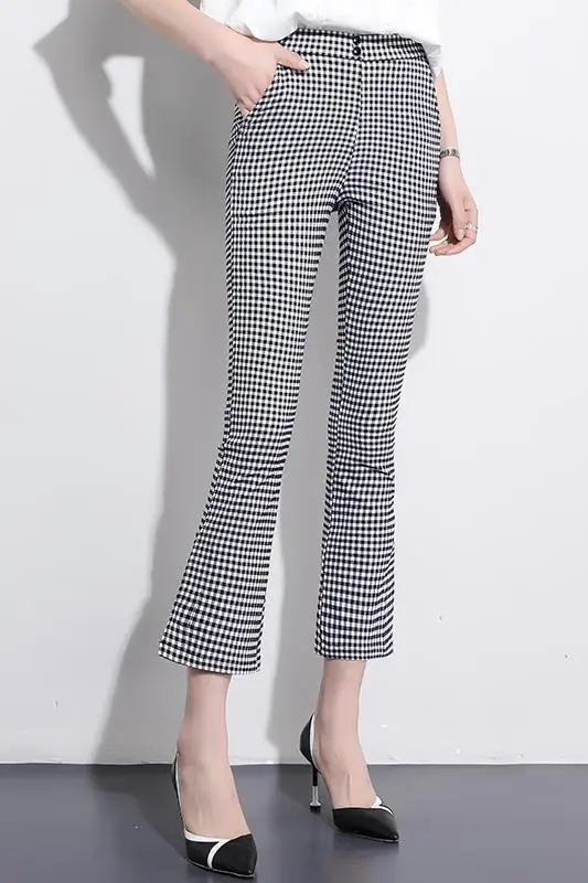 

Jvcake women skinny checked flare pants summer thin high waist Korean Style harajuku pants office lady plus size women clothing