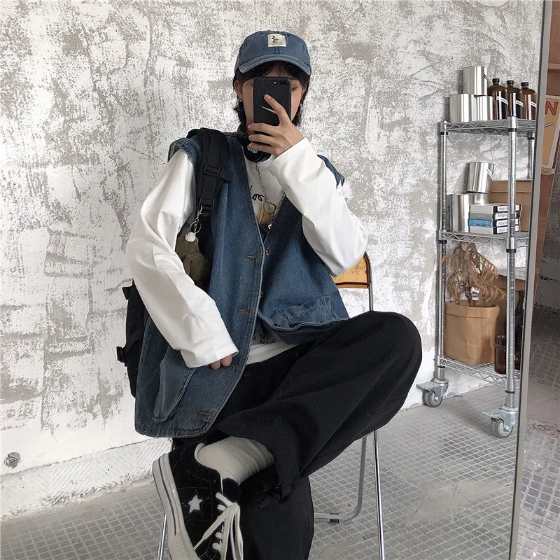 

Witsnoep 2021 Denim Vest For Women Spring Autumn Loose Jeans Sleeveless Jacket Coat Woman Single Breasted Chic Jeans Waistcoat